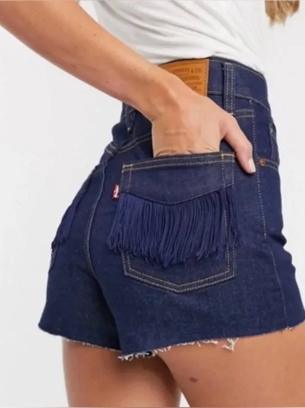 Levis Premium Ribcage Shorts Dark Wash Fringe Back Pocket Button